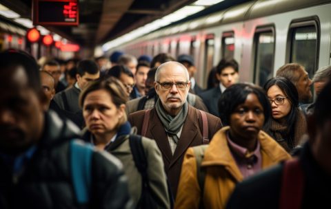 a big crowd of people in the new york subway metro in rush hour on their way home driving with trains. in the evening after work day. everybody is tired. Generative AI