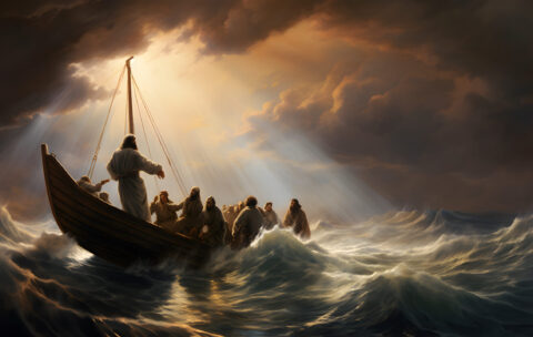 Jesus Christ on the boat calms the storm at sea.