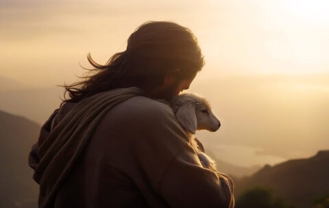 Shepherd Jesus Christ Taking Care of One Missing Lamb during Sunset.